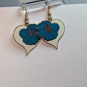 Vintage Laurel Burch Gold and Teal Hibiscus Heart Earrings